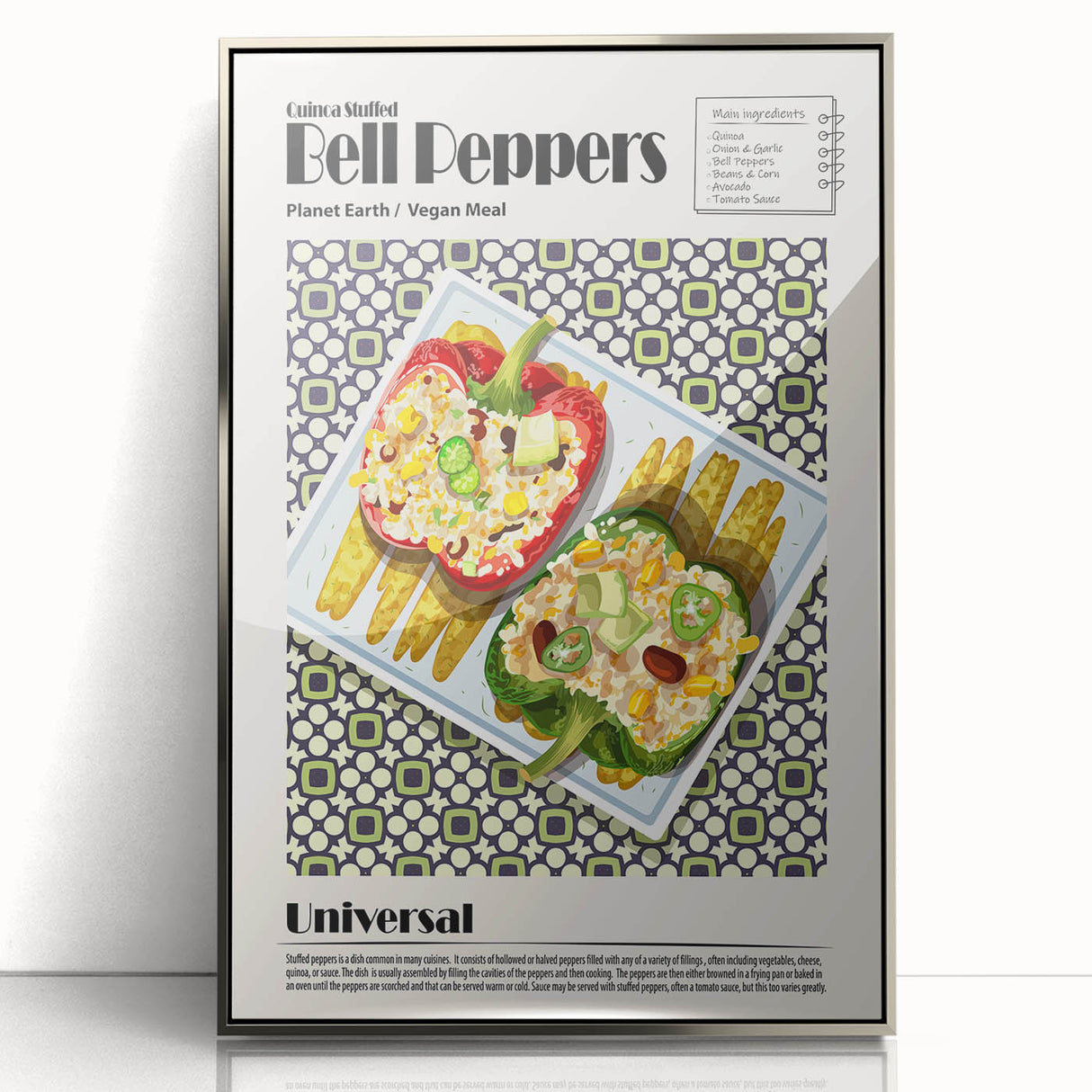 Mid-century modernist art featuring an array of stylized food dishes in muted colors, framed in silver acrylic.