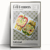 Mid-century modernist art featuring an array of stylized food dishes in muted colors, framed in silver acrylic.