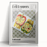 Art deco poster featuring an array of colorful food dishes, printed on white framed acrylic.
