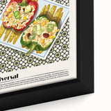Black wall art featuring a close-up of colorful, textured food dishes on a framed canvas, ideal for living room decor.