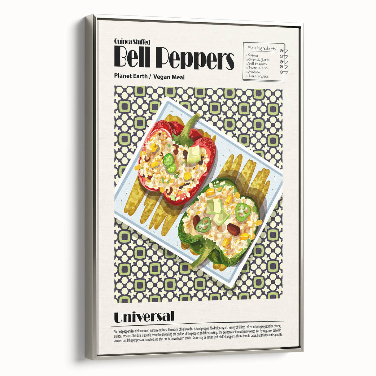 Framed canvas depicting a vintage poster of assorted colorful dishes, ideal for kitchen or dining room decor.