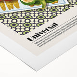 Art deco poster featuring a variety of stylized food dishes in muted colors on rolled canvas, suitable for dining room decor.