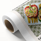 Art deco poster featuring an array of colorful food dishes on rolled canvas, suitable for dining room decor.