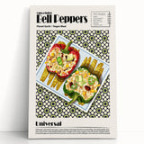 Black and white stretched canvas featuring an array of food dishes, ideal for kitchen wall art.