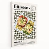 Assorted food dishes in vibrant colors on a large stretched canvas, suitable for kitchen wall art.