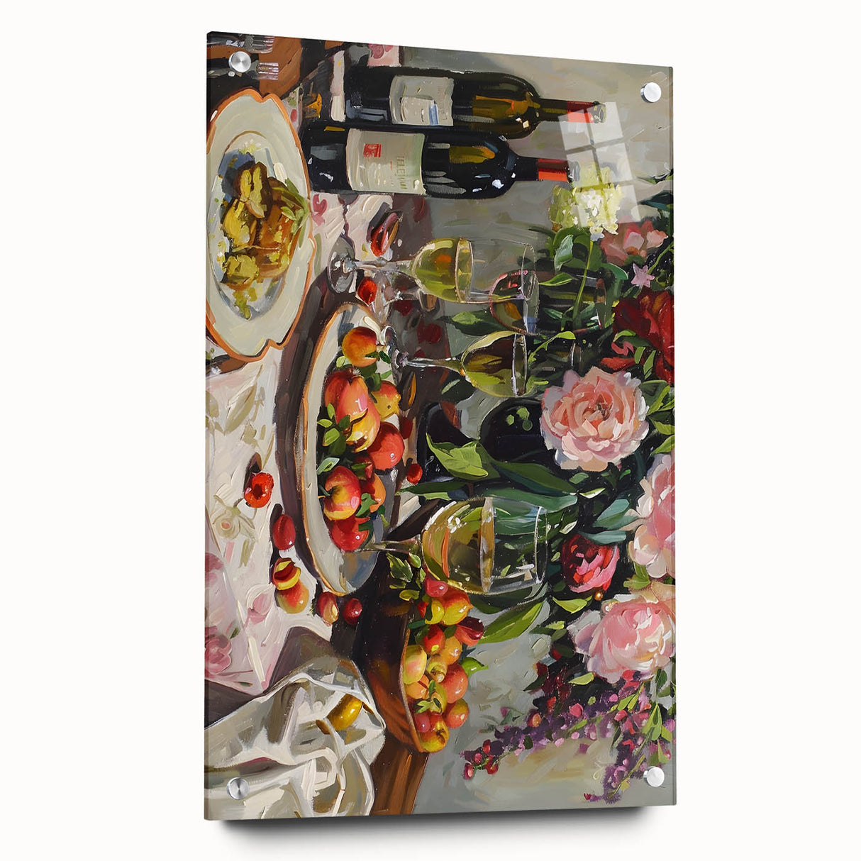 Large abstract wall art on acrylic glass depicting vibrant food and drink motifs, ideal for dining room decor.
