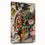 Large abstract wall art on acrylic glass depicting vibrant food and drink motifs, ideal for dining room decor.