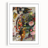 Abstract art print of assorted beverages in vibrant colors on a white framed mat, suitable for dining room decor.