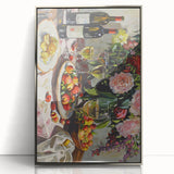 Large art print of stylized food and drinks in mid-century modernist style, framed in silver acrylic.