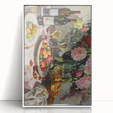 Mid-century modernist art featuring a stylized food and drinks motif in pastel shades on a white acrylic framed poster.