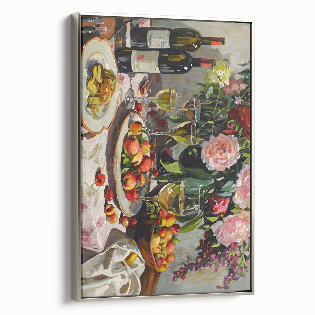 Landscape art painting on a framed canvas featuring a vintage poster design of colorful food and drinks.