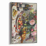 Landscape art painting on a framed canvas featuring a vintage poster design of colorful food and drinks.
