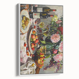 Vintage poster art of colorful beverages on a white framed canvas, ideal for living room decor.