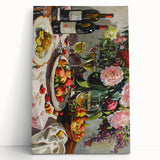 Large black and white stretched canvas featuring assorted culinary items, ideal for kitchen wall art.