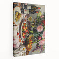 Large canvas print depicting assorted fruits and vegetables in vibrant colors, suitable for kitchen wall art.