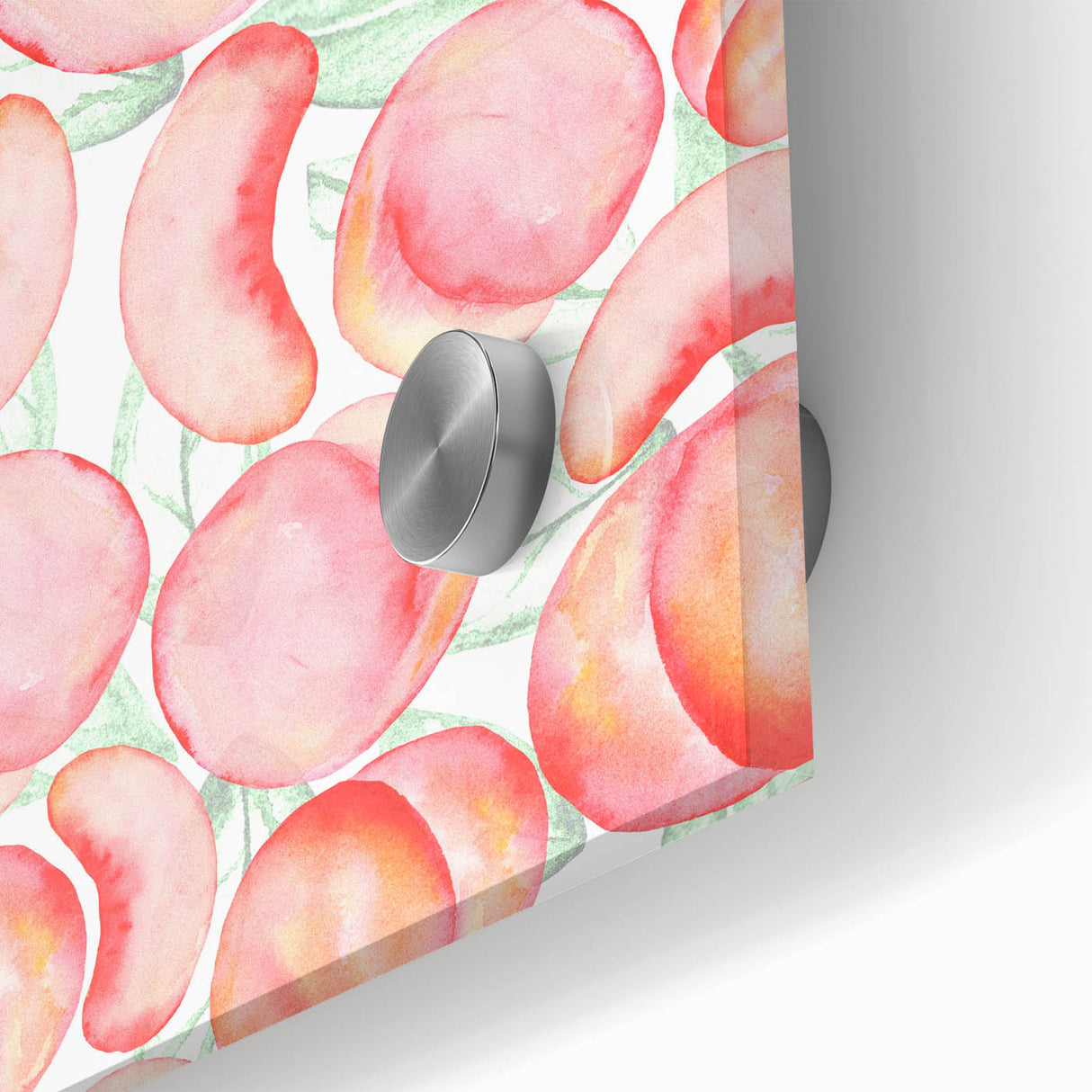 Close-up of large abstract wall art featuring assorted fruits in vibrant colors on acrylic glass.