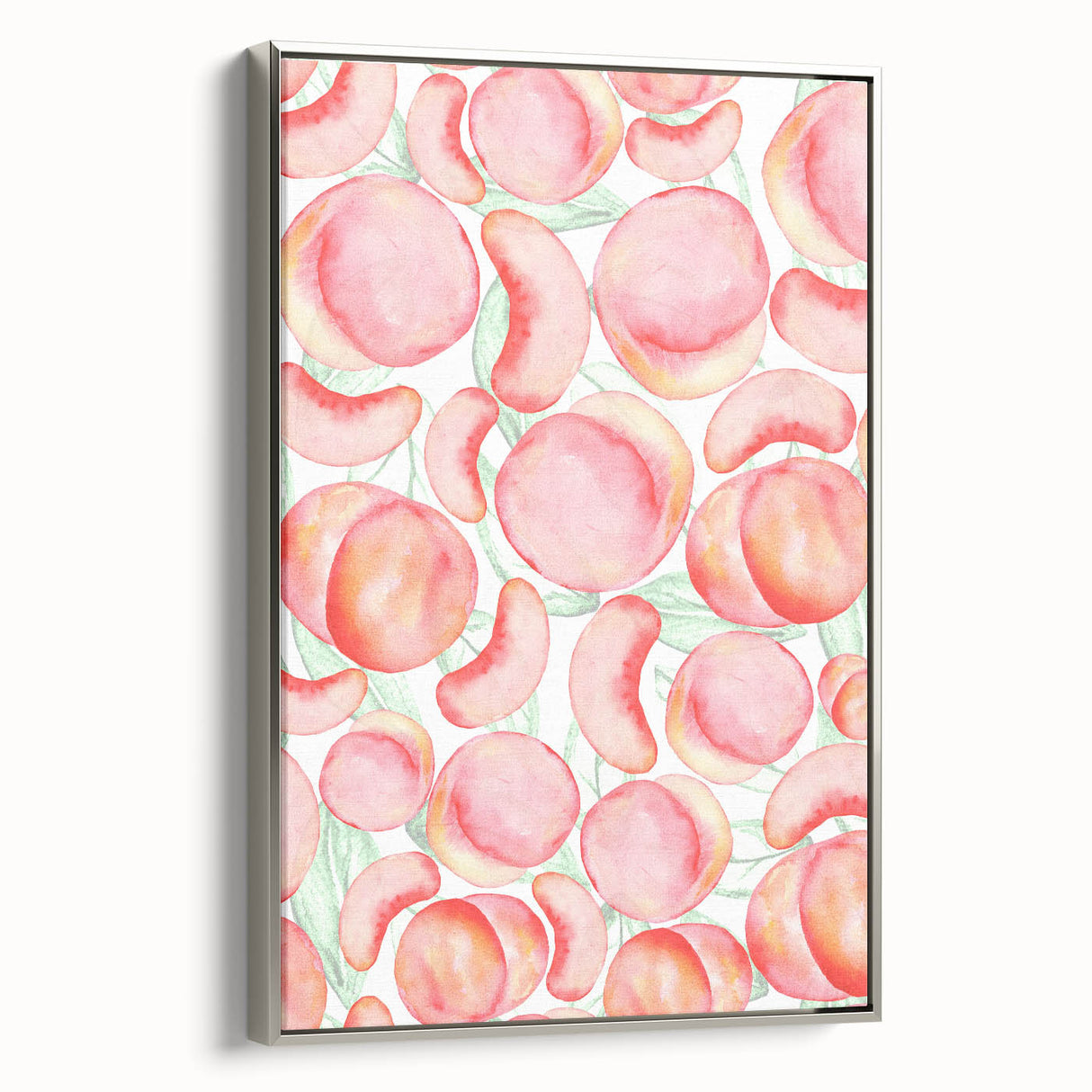 Landscape art painting of colorful fruits on a black background, framed in silver, ideal for kitchen wall decor.