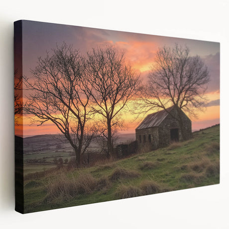 Stretched canvas artwork showcasing a vibrant landscape of a rustic barn under a clear blue sky, highlighting rich colors and detailed textures, perfect for home decor.