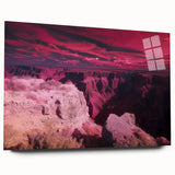 Acrylic glass artwork showcasing a vibrant landscape of canyons, featuring rich textures and colors, designed for modern home decor in a side view presentation.