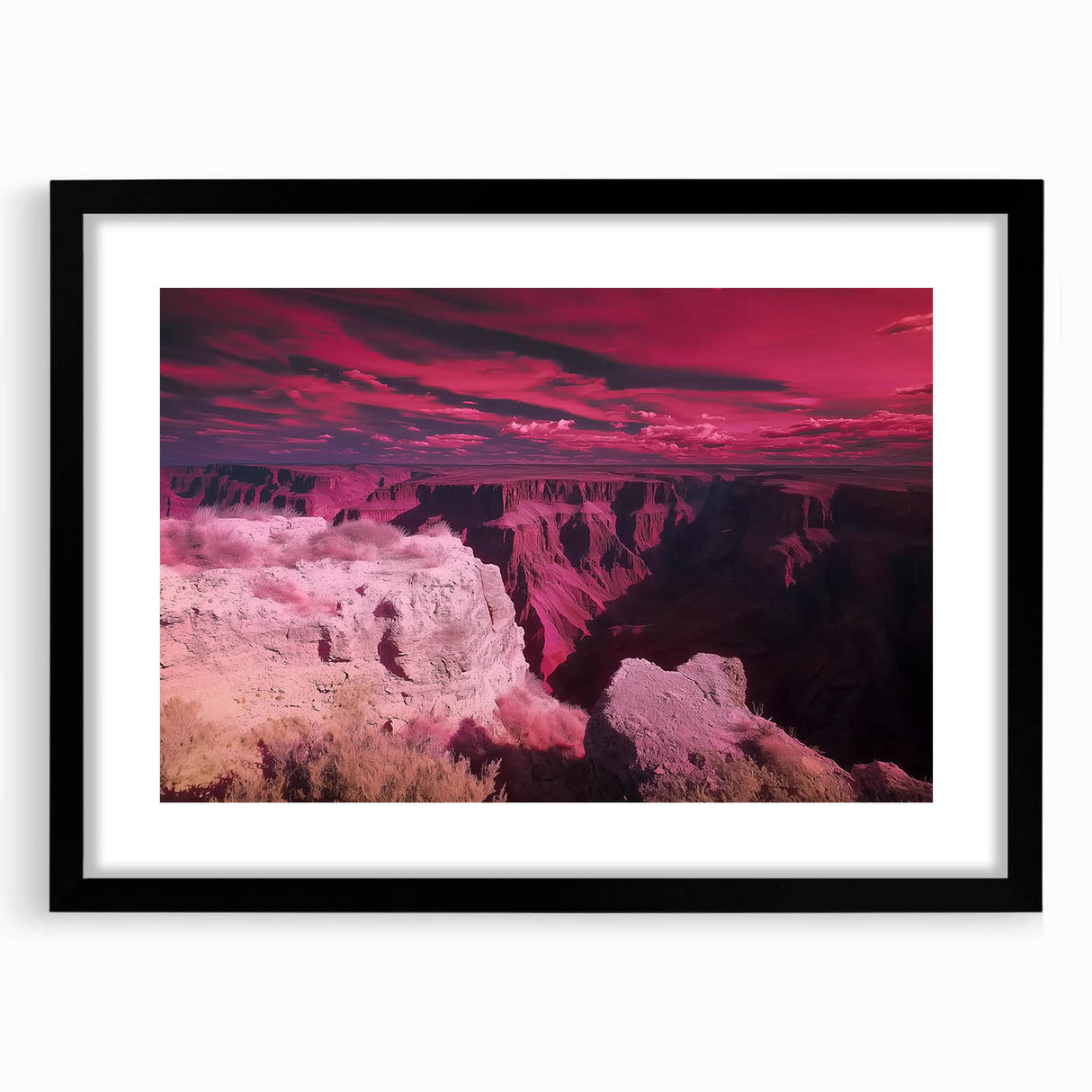 Framed landscape art print showcasing vibrant canyons, featuring a sleek black matte finish, perfect for home decor or office settings. Ideal for nature enthusiasts.