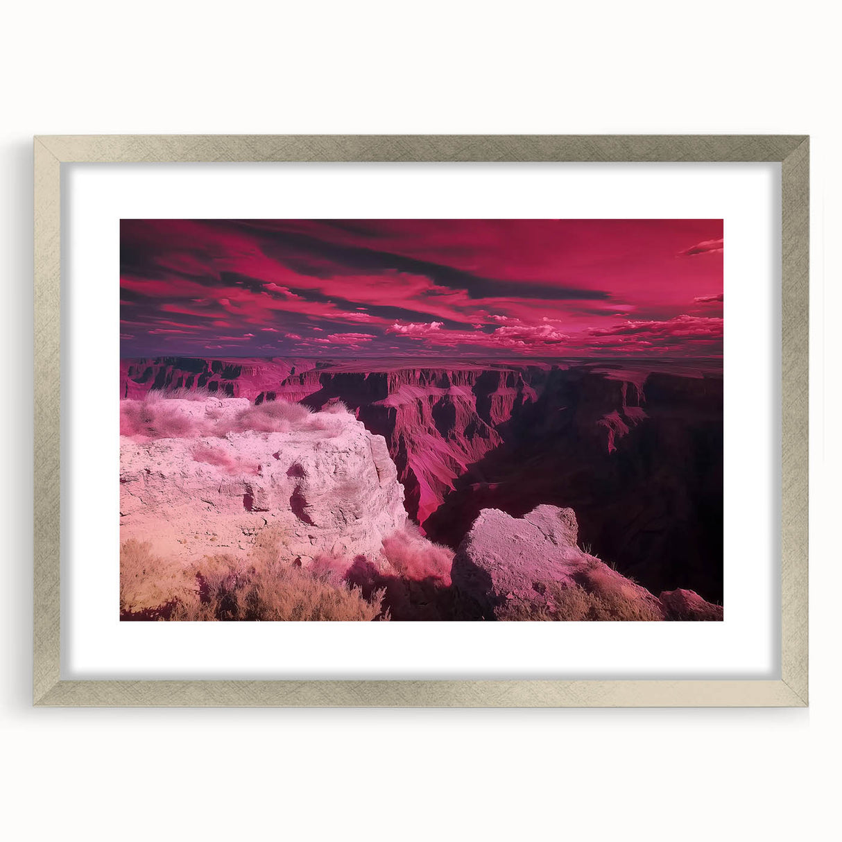 Landscape artwork featuring vibrant canyons, framed in a sleek silver mat, showcasing natural textures and colors. Ideal for modern home decor, this piece enhances any space with its stunning visual appeal and artistic detail.