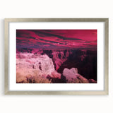 Landscape artwork featuring vibrant canyons, framed in a sleek silver mat, showcasing natural textures and colors. Ideal for modern home decor, this piece enhances any space with its stunning visual appeal and artistic detail.