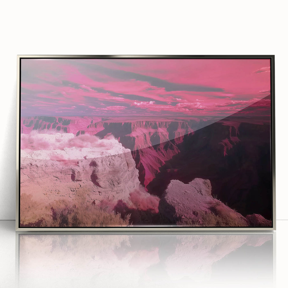 Framed acrylic artwork depicting a stunning landscape of canyons, showcasing rich earth tones and dramatic lighting, perfect for enhancing modern home decor.