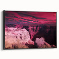 Framed landscape canvas depicting vibrant canyons in rich earth tones, featuring a sleek black frame that enhances the artwork's depth and detail. Perfect for home decor.