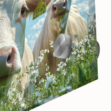 Close-up of a vibrant acrylic glass artwork depicting a serene countryside landscape, showcasing lush green fields and a clear blue sky, perfect for home decor.