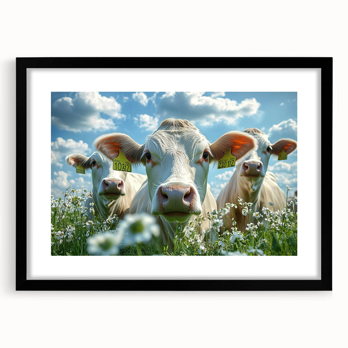 Framed landscape artwork showcasing a serene countryside scene, featuring a black mat and sleek black frame, ideal for home decor enhancement.