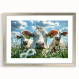 Framed countryside landscape art print in a silver mat, showcasing vibrant green fields and blue skies, ideal for home decor or office spaces.