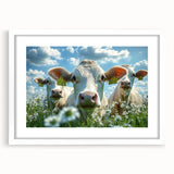 Elegant white-framed landscape artwork featuring serene countryside scenery with lush greenery and a tranquil sky, perfect for home decor.