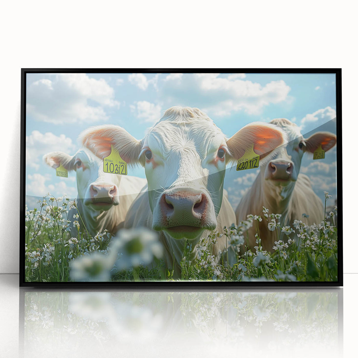Framed acrylic landscape art depicting a serene countryside scene with lush greenery and rolling hills, highlighted by a sleek black frame, ideal for home decor.