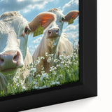 Close-up of a framed canvas print depicting a serene countryside landscape, showcasing vibrant green fields and a clear blue sky, perfect for home decor.