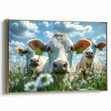 Framed canvas artwork showcasing a serene countryside landscape with rich green fields and a warm golden frame, perfect for home decor and enhancing interior aesthetics.