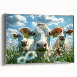 Framed canvas artwork showcasing a serene countryside landscape with vibrant green hills, a clear blue sky, and a silver frame, perfect for home decor.