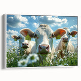 Framed canvas artwork depicting a serene countryside landscape with rolling hills and lush greenery, showcased in a white frame, perfect for home decor.