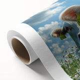 Vibrant rolled canvas depicting a serene countryside landscape with lush green hills and a clear blue sky, elegantly packaged in a protective cardboard tube.