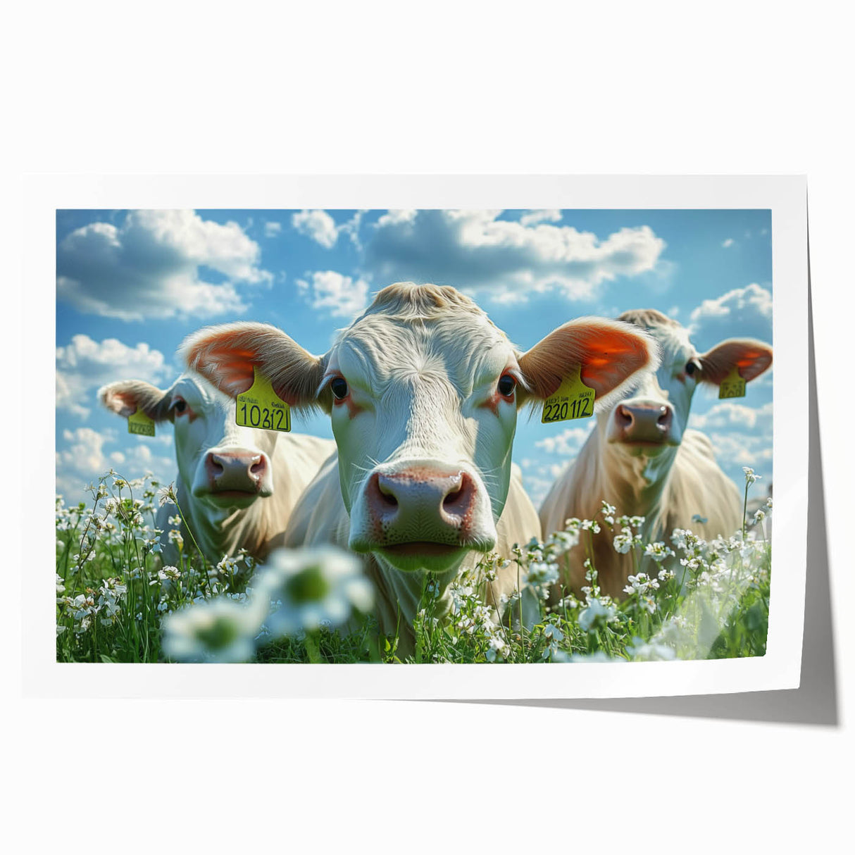 Vibrant rolled print of a serene countryside landscape, showcasing lush green fields and rolling hills under a bright blue sky, elegantly packaged in a protective tube.