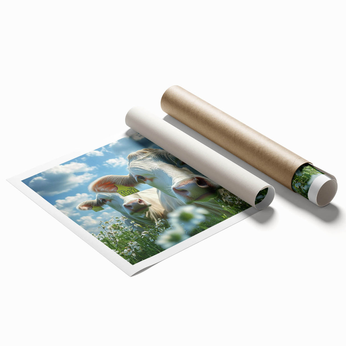 Rolled landscape print showcasing a serene countryside scene with rolling hills, vibrant green fields, and a clear blue sky, packaged securely in a protective cardboard tube.
