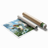 Rolled landscape print showcasing a serene countryside scene with rolling hills, vibrant green fields, and a clear blue sky, packaged securely in a protective cardboard tube.
