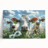Stretched canvas artwork depicting a serene countryside landscape with vibrant greens and rolling hills, leaning against a rustic wall, perfect for home decor.