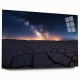 Desert landscape acrylic wall art showcasing vibrant hues of orange and blue, elegantly framed in glass, perfect for enhancing modern home decor.