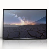 Desert landscape artwork displayed in a sleek black acrylic frame, showcasing vibrant colors and intricate details, perfect for modern home decor.