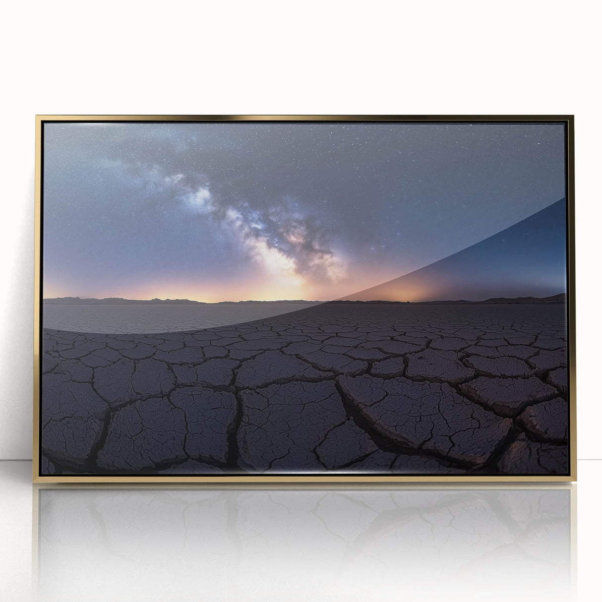 Framed acrylic artwork featuring a vibrant desert landscape design with gold accents, perfect for adding elegance to any modern home decor.