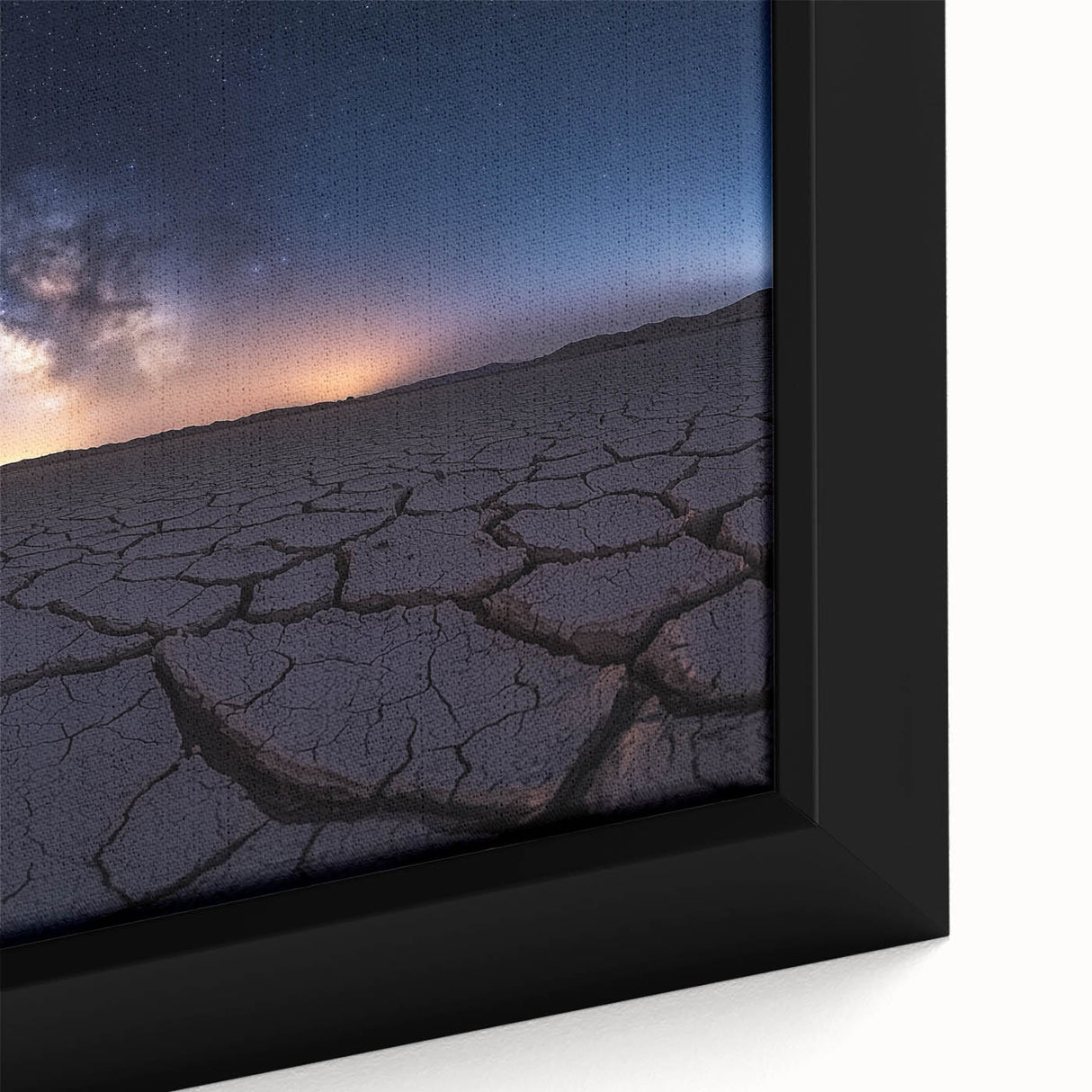 Close-up of a beautifully framed desert landscape canvas featuring warm hues of orange and yellow, perfect for home decor with a serene, natural aesthetic.