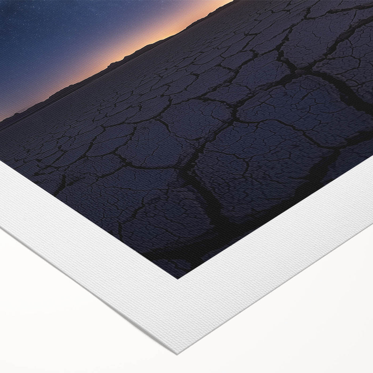 Desert landscape rolled canvas art showcasing vibrant hues of orange and blue, depicting a serene sunset over sand dunes, perfect for home decor.