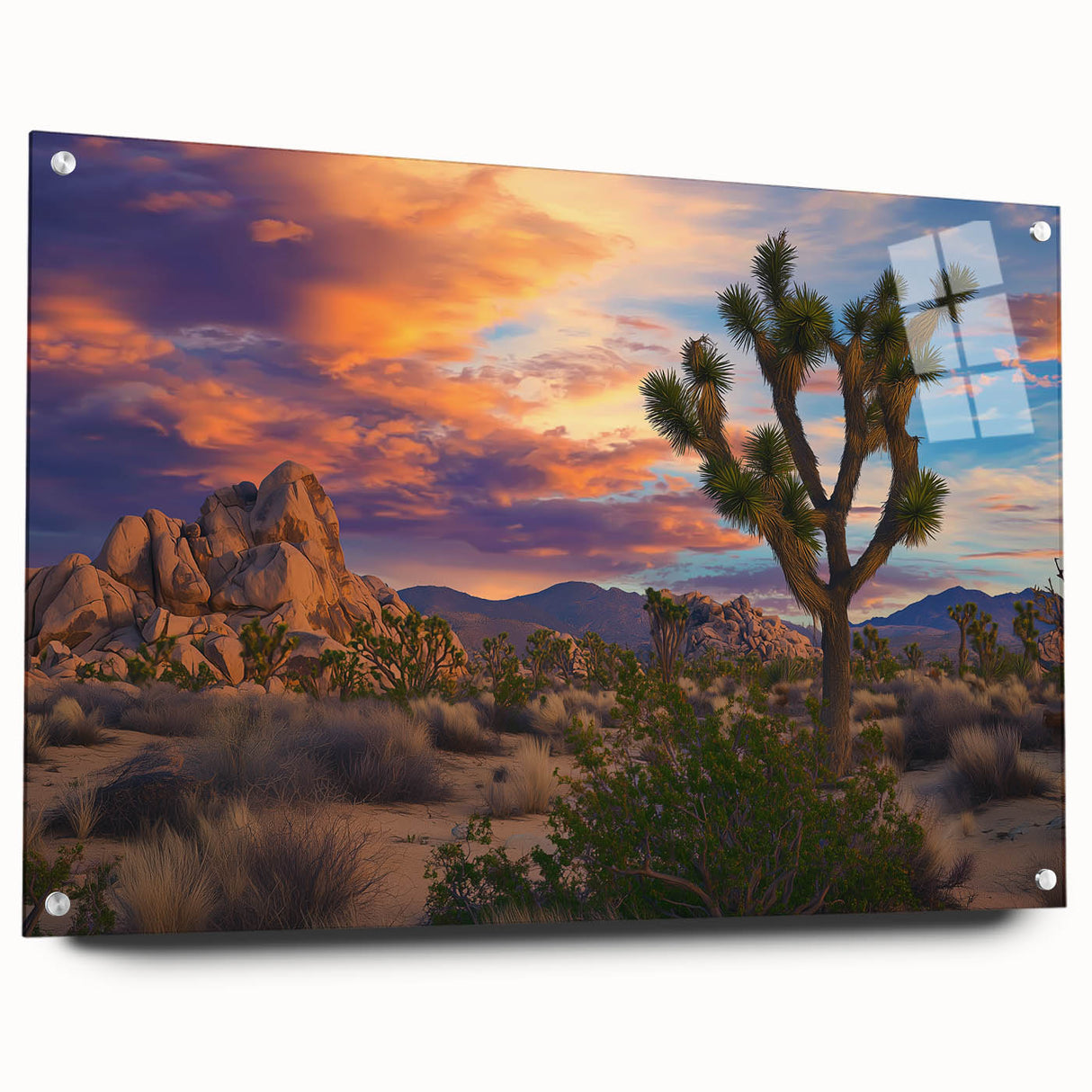 Acrylic wall art showcasing a vibrant landscape design with fields, displayed in a side view with visible mounting pins, perfect for modern home decor.