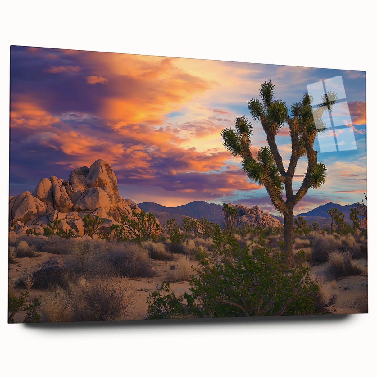 Vibrant acrylic landscape artwork depicting rolling green fields under a bright blue sky, showcased in a sleek glass frame, perfect for modern decor.