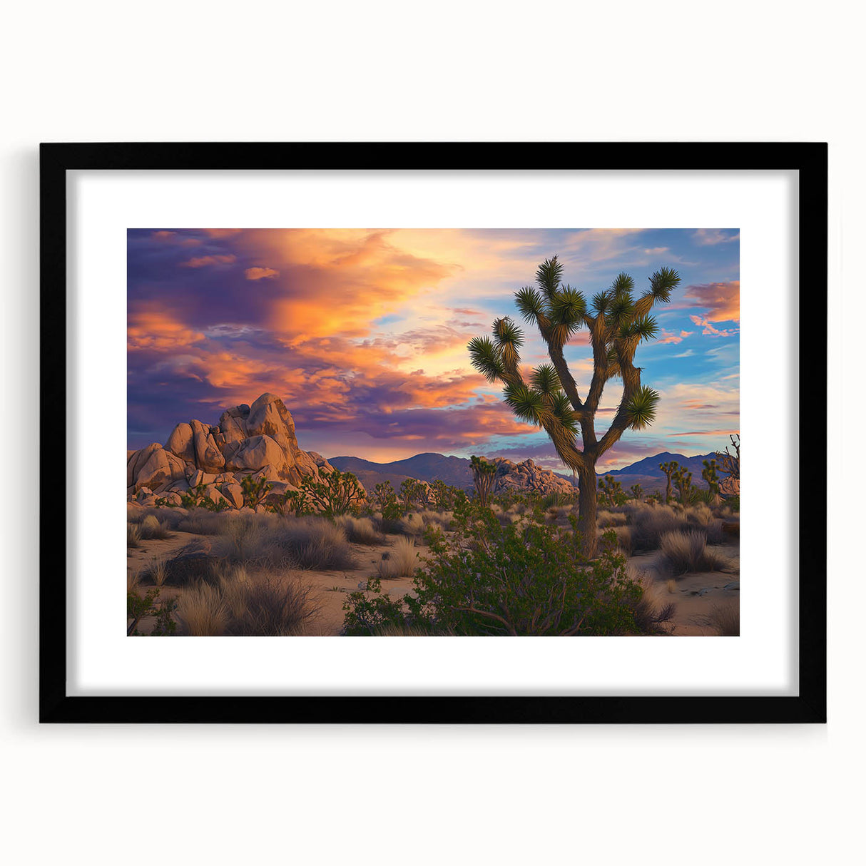 Black-framed landscape artwork featuring vibrant green fields under a clear blue sky, elegantly matted for a polished presentation, ideal for home decor.